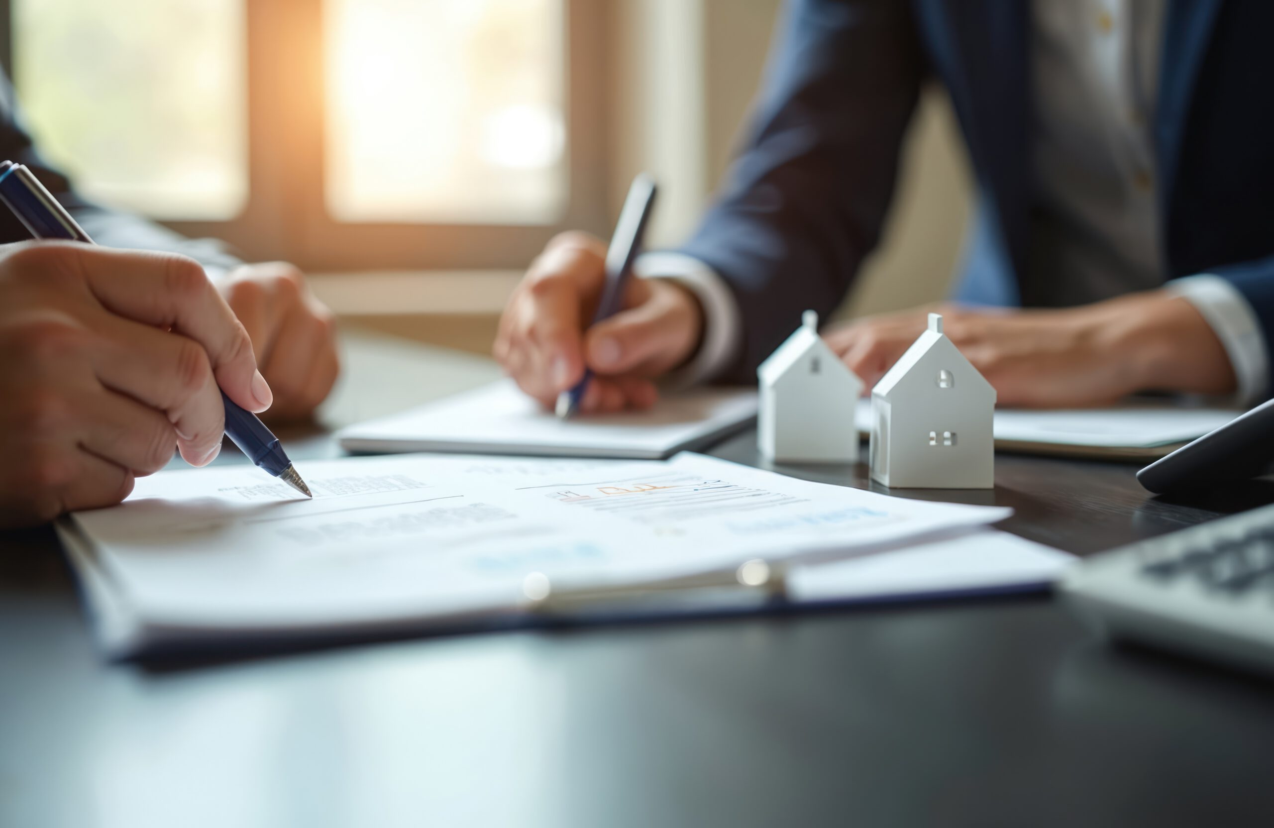 Two people sign property contract at desk. Miniature houses sit on table next to papers and calculator. Business meeting for real estate deal closing review loan or mortgage papers.